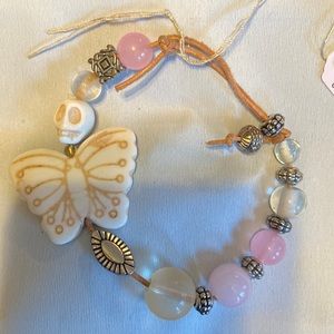 Adjustable Leather Butterfly Skull Bracelet